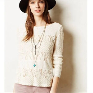 Anthropologie Meadow Rue Cream Lace Stripe Panel Sweater Women's Size Medium